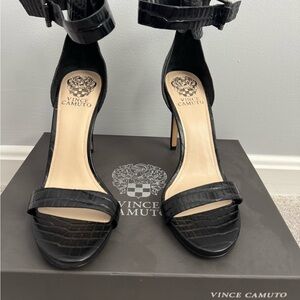 Vince Camuto Black Croc-Embossed Ankle-Strap Stiletto Sandals